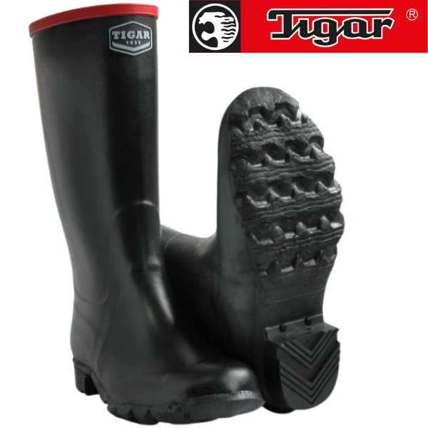 Висока црна работничка чизма со црвена трака